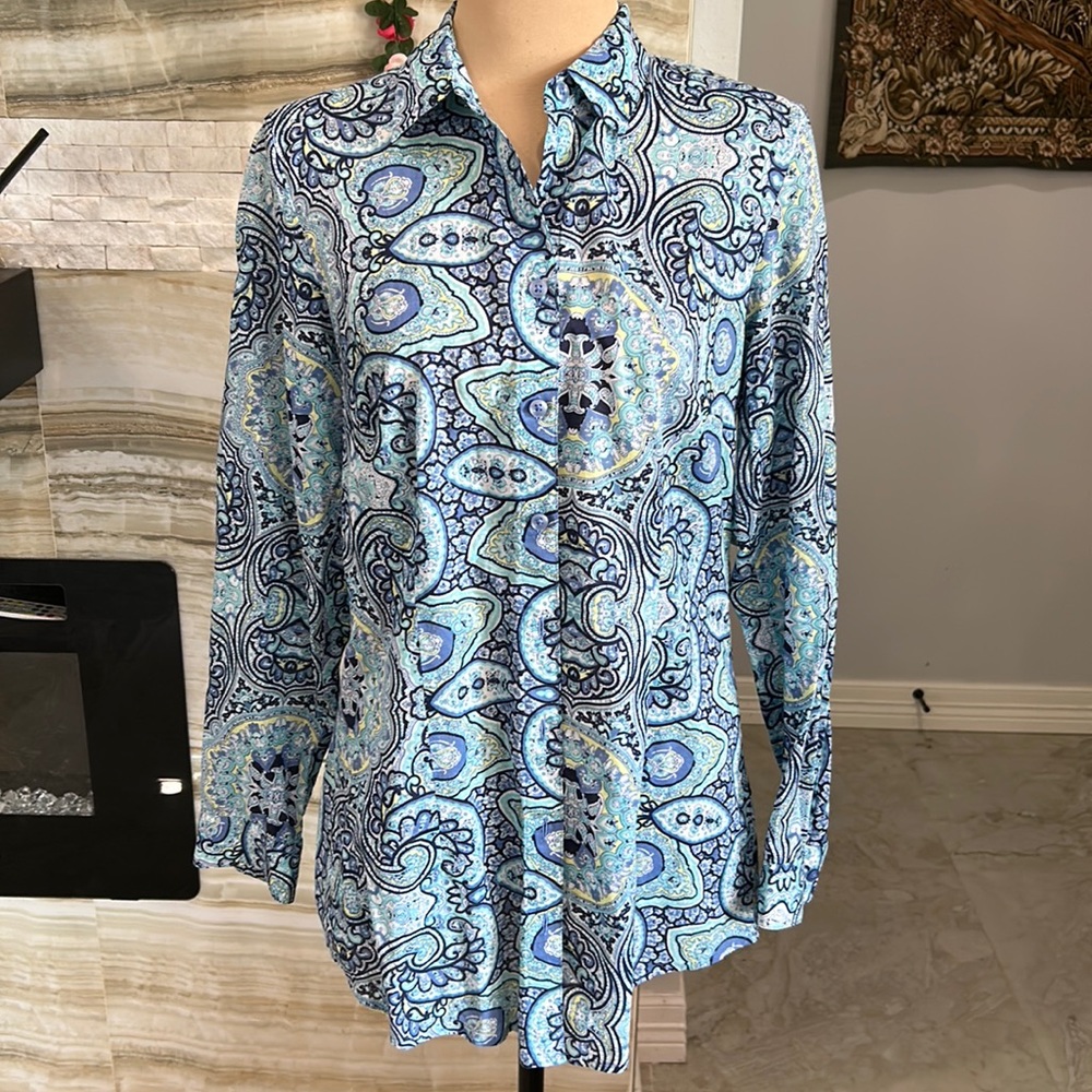 ColdWater Creek Paisley No Iron Blue Button Down Shirt. Size 8 (61)